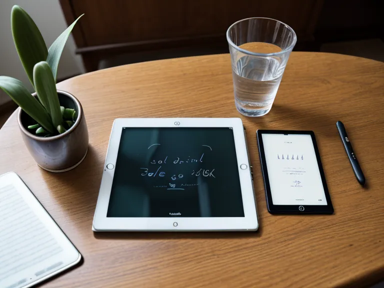 Tablet mit Schreibübungen und eine Brille auf einem sonnigen Holztisch.