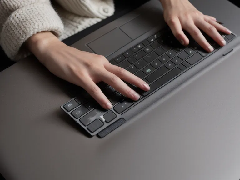 Hände beim Tippen am Laptop neben einem Notizbuch mit Grammatik-Notizen.