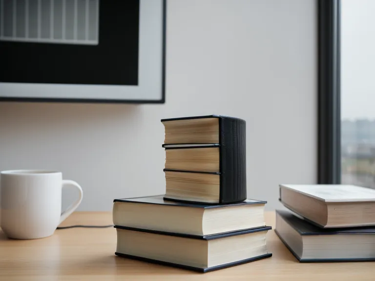 Stapel von Marketing-Fachbüchern und eine Kaffeetasse in einem hellen Arbeitszimmer.