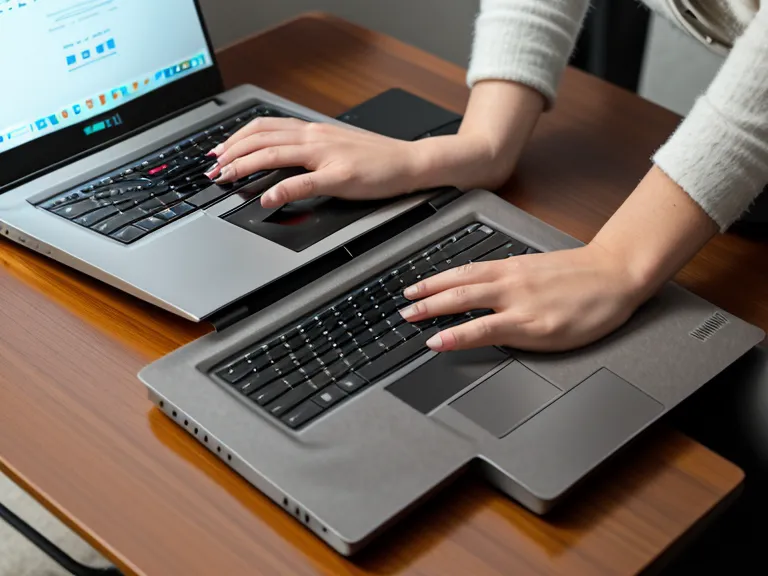 Hände beim Tippen auf einer Laptop-Tastatur in einem aufgeräumten Arbeitsumfeld.