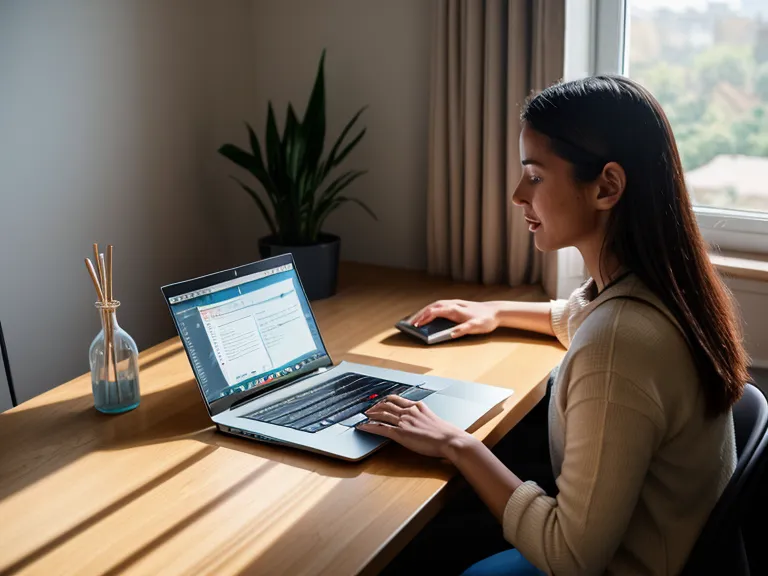 Freelance-Texterin bei der Arbeit am Laptop mit dezentem Hinweis auf Familienalltag.