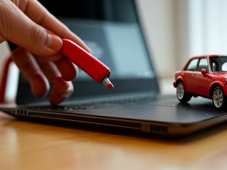Nahaufnahme eines Laptop-Bildschirms mit Grammatikfehlern und einem Spielzeugauto im Hintergrund.
