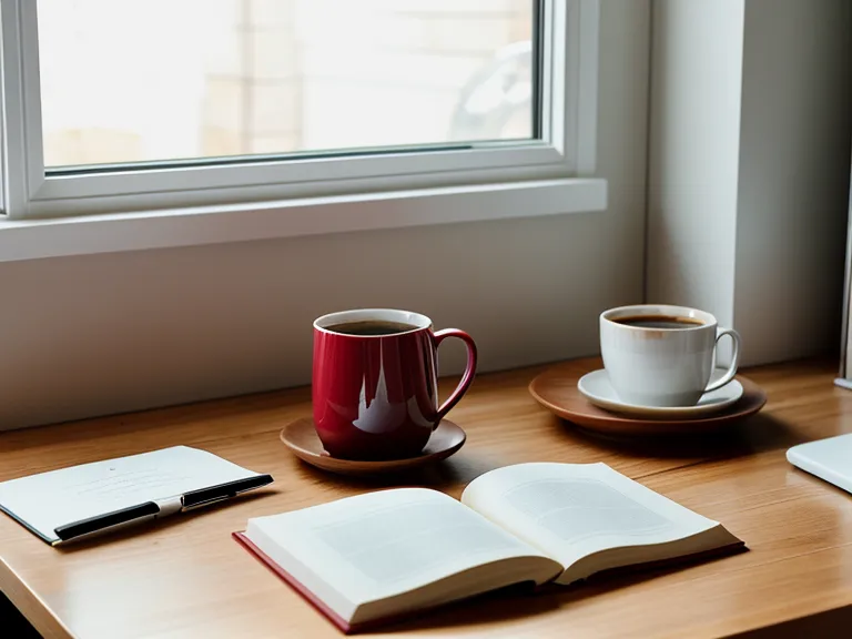 Kaffeetasse und Notizblock mit Tipps zur Textoptimierung auf einem Holztisch.